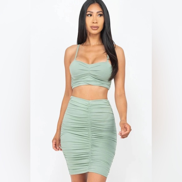Sage Green Ruched Crop Top & Skirt Set - Picture 1 of 2